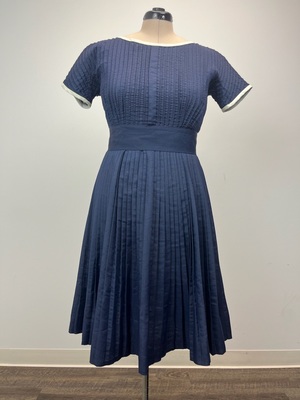 Vintage L'Aiglon Navy Dress with Pleated Bodice and Skirt