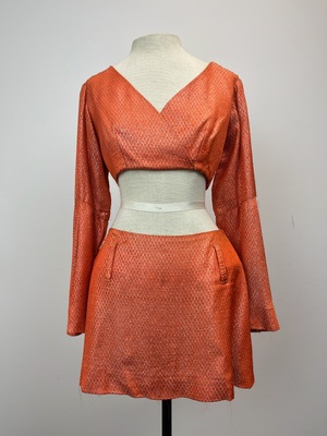 Exquisite Costumes:: Exquisite Costumes:: Orange Sparkly 70s Disco Skirt  and Flared-Sleeve Crop Top Set