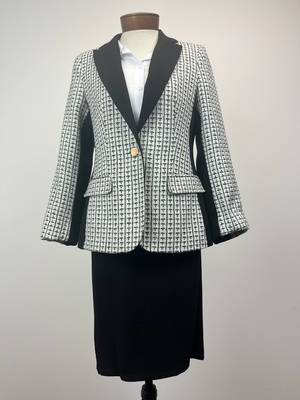Black and White Checkered Nubby Tweed Women's Suit Jacket with Black Knit Pencil Skirt 