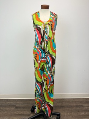1970's Psychedelic Orange Green and Turquoise Jumpsuit