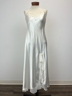 White Satin Nightgown With Beaded Lace Neckline and Ruffled Chiffon Hem With Slit