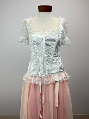 White Satin Jacquard Front and Back Laced Corset With Lace Puff Sleeves