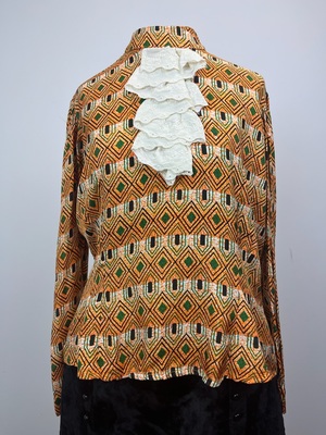 Brown and Black Geometric Blouse with Jabot