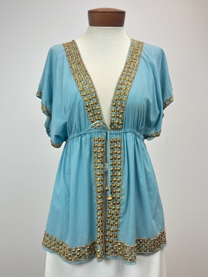 Turquoise Linen and Beaded Blouse