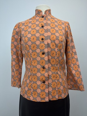 1970's Orange and Black Dot and Check Geometric Pattern Blouse