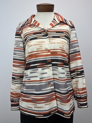 1970s Brown, Cream and Rust Geometric Tile Pattern Blouse