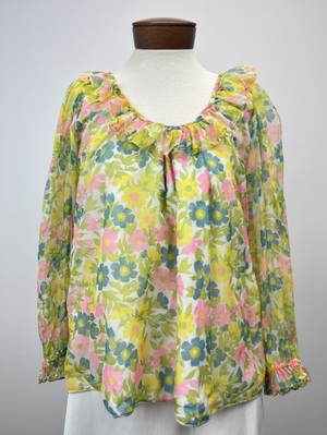 Yellow and Pink Daisy Flower Chiffon Blouse