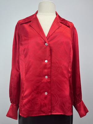 1970's Red Silk Swirling Geometric Pattern Blouse
