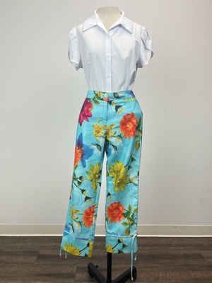 Turquoise Pedal Pushers with Bright Flowers