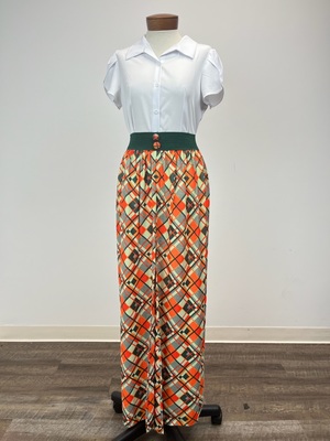 1970's Maxi brown and orange checked plaid polyester skirt