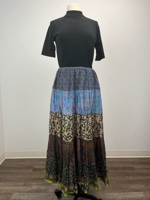 Blue and Brown Silk Patchwork Bohemian Tiered Skirt