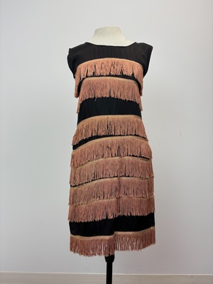 Black Satin and Blush Gold Fringe Flapper Dress