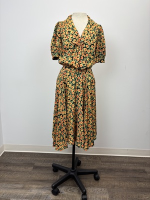 Vintage silk yellow and green flower day dress 