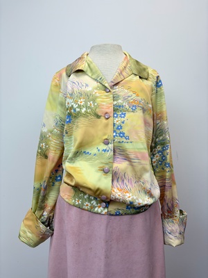 1970s Green, Yellow, Lavender Flower Blouse