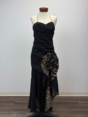Black Stretch Poly Taffeta Gown with Leopard Print Accent 