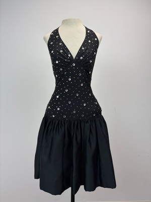 1980s Black Rhinestone Halter Party Dress 