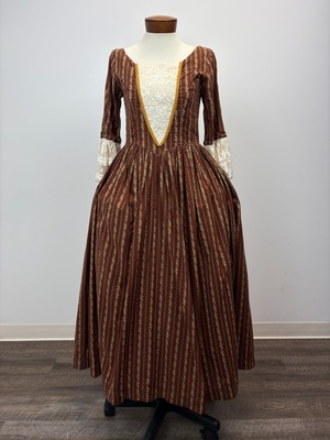 18th Century Brown Calico Lace Trim Dress
