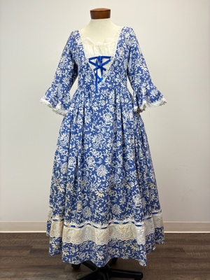 18th Century Blue and White Floral Calico Gown, Cap and Fichu