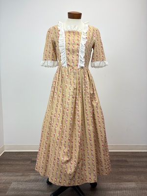 18th Century Yellow and Pink Floral Striped Calico Day Dress