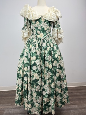 18th Century Green Floral Gown with Lace Ruffles, Cap and Fichu