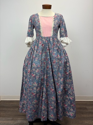 18th Century Blue Floral Cotton Gown with Pink Stomacher, Cap and Fichu