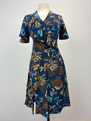 1930s Floral Print Day Dress with Ruffled Neckline