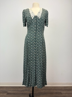 1930s Green Floral Print Day Dress with Lace Collar