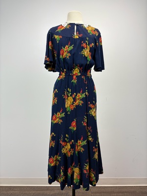 1930s Navy Blue Large Flower Print Dress 