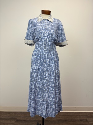 1930s Light Blue Dot Dress with Lace Trim collar and sleeves