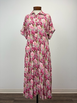 1930s Pink Cabbage Rose Print Day Dress