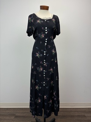 1930s Dark Navy Dress Delicate Floral Pattern Lace Trim Collar