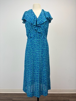 1930s Turquoise and Royal Blue Geometric Print Dress