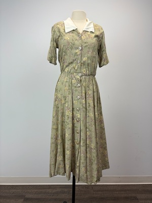 1940s Sage Green Floral Day Dress with White Collar