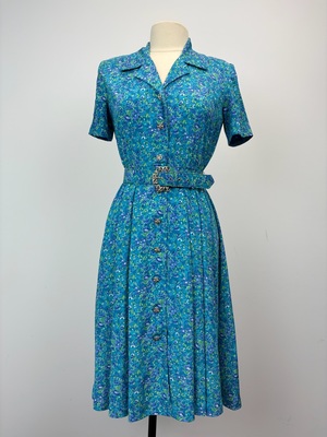 1940s Turquoise Floral Shirtwaist Dress