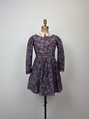 Victorian Lavender and Maroon Floral Cotton Dress with Lace Collar