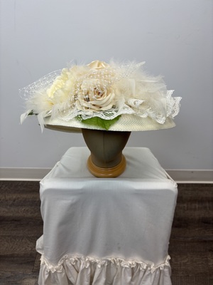 White Edwardian Hat with flowers and lace netting