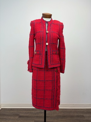 Adolfo Red Bouclé Skirt Suit