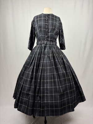 1850s 1860s Gray Plaid Day Dress