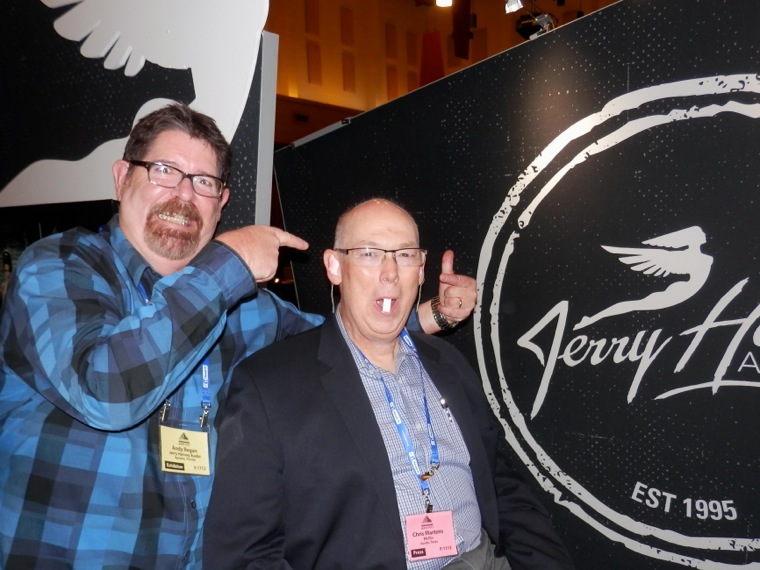 Jerry Harvey Audio's Andy Regan (left) pokes fun at the author (right), who is having ear-mould impressions taken in anticipation of getting a set of JHA's flagship Roxanne custom-fit in-ear monitors for review in Hi-Fi+
