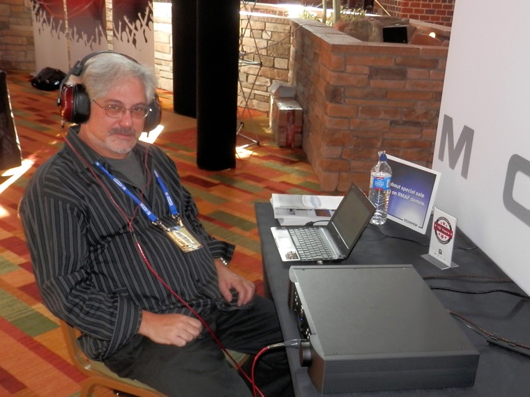 Here, Lionel Goodfield (from Moon by Simaudio) tries out a set of MrSpeakers headphones fitted with Nordost's new Heimdal headphone cables (we tried them, too, and they sounded terrific)