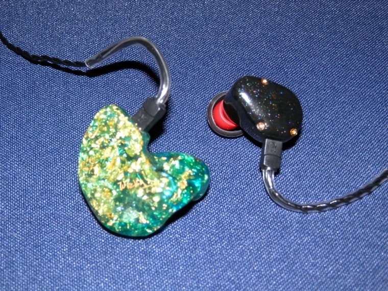 Author's review sample of Noble Audio's flagship Kaiser 10 custom-fit-in-ear monitors (left) alongside the firm's new Kaiser 10 universal-fit earphones (it's a small miracle that the K10 driver array can even fit inside the universal-fit earpieces)