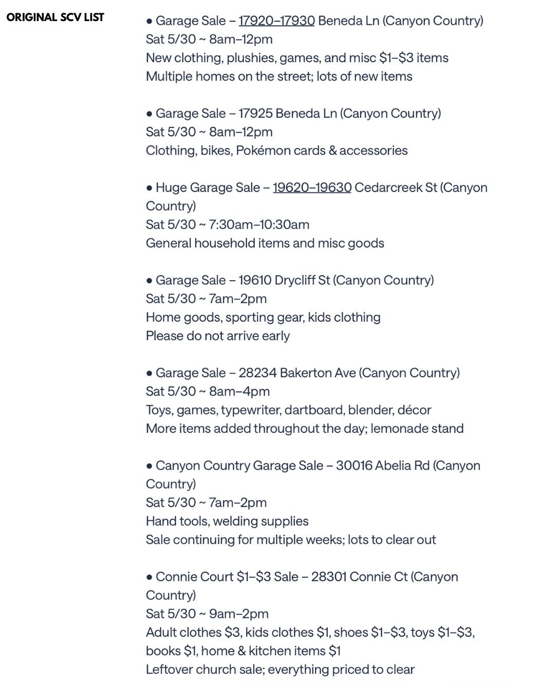 FREE SCV GARAGE SALE LIST photo