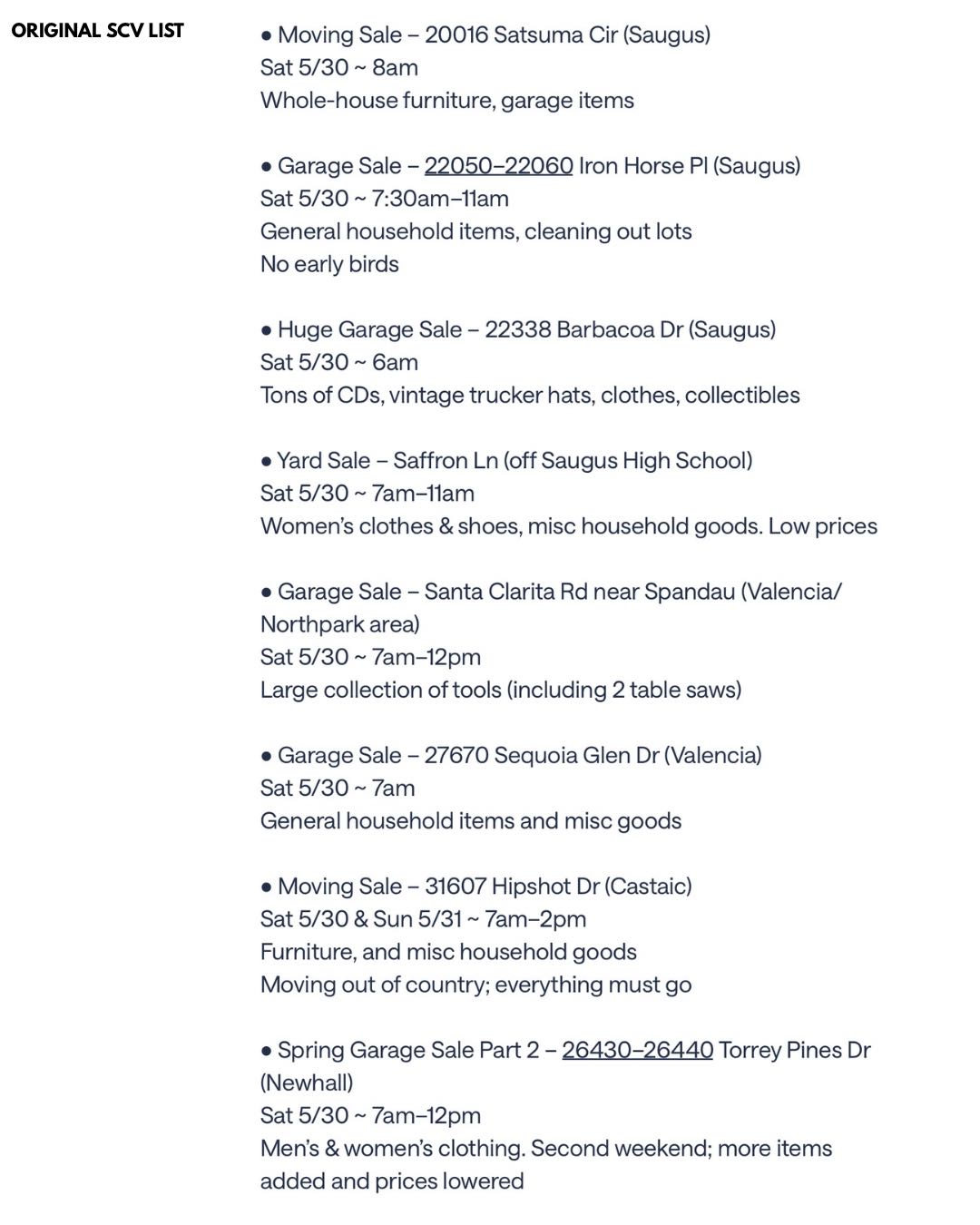 FREE SCV GARAGE SALE LIST photo