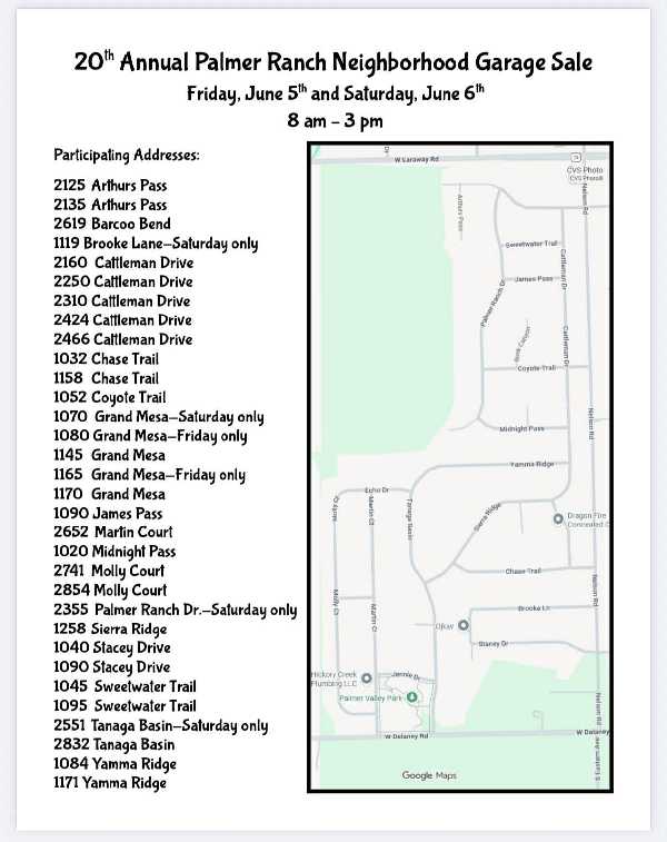 PALMER RANCH SUBDIVISION GARAGE SALE please see address list in pictures. photo