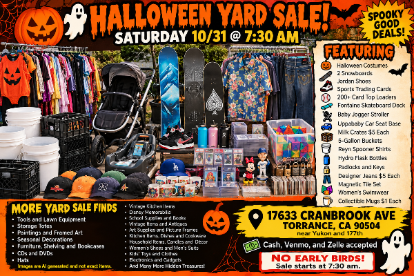 🎃👻 HALLOWEEN YARD SALE! Saturday 10/31 @ 7:30AM 🎃 Spooky Good Deals (Torrance)