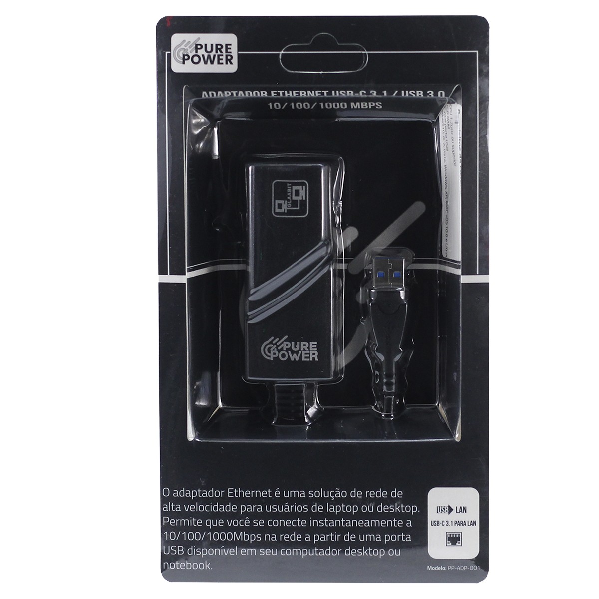 Adaptador Ethernet USB 3.0 Para LAN 10/100/1000Mbps, Pure Power, PP-ADP-001