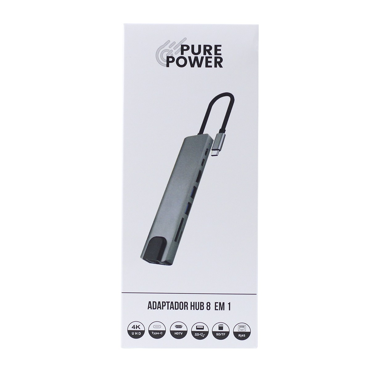Adaptador HUB 8 Em 1, USB-C Para HDMI+LAN(10M)+USB 3.0+USB 2.0+TF/SD+Tipo-C, Pure Power, PP-HUB-002