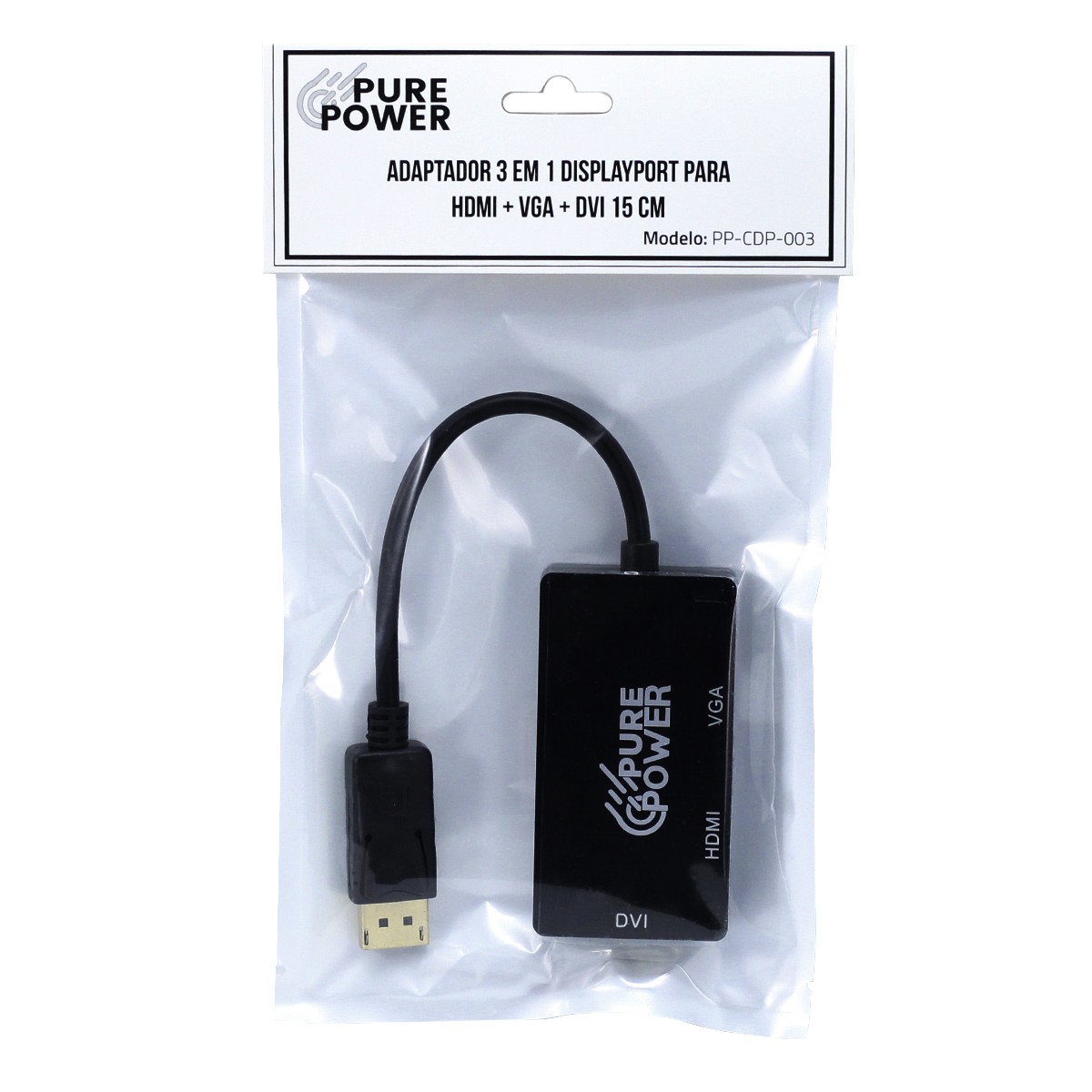 Adaptador DisplayPort para HDMI + VGA + DVI 15cm, Pure Power 