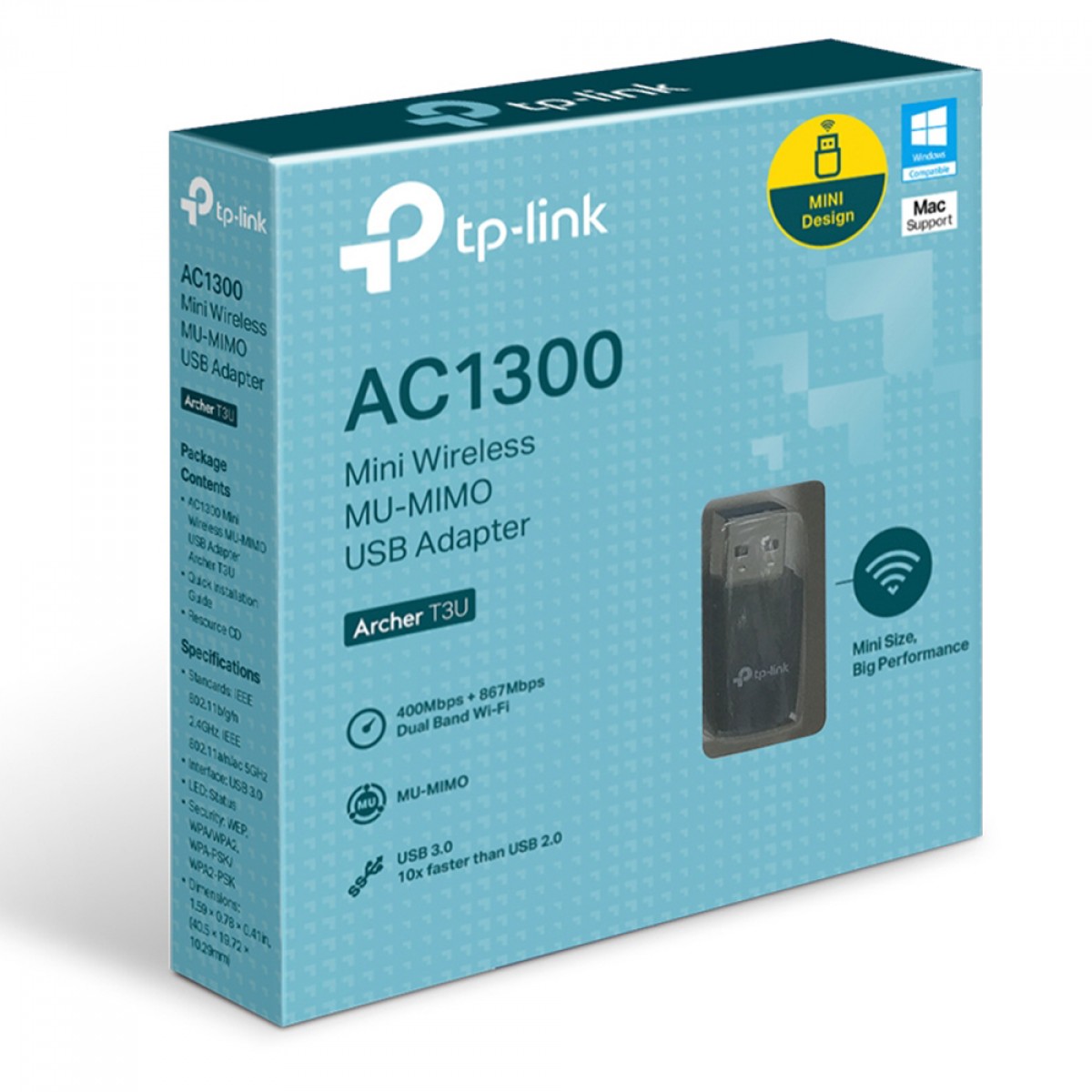 Adaptador Wireless TP-Link Mini USB, Dual Band, 2.4/5Ghz, 867Mbps, Archer T3U MU-MIMO AC1300