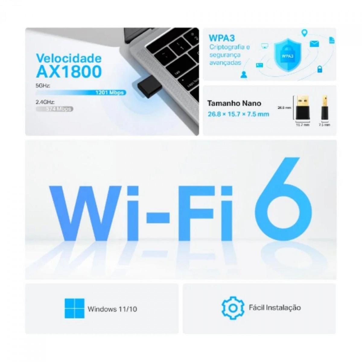 Adaptador Wireless TP-Link Nano USB, Archer TX20U, WI-FI 6, AX1800